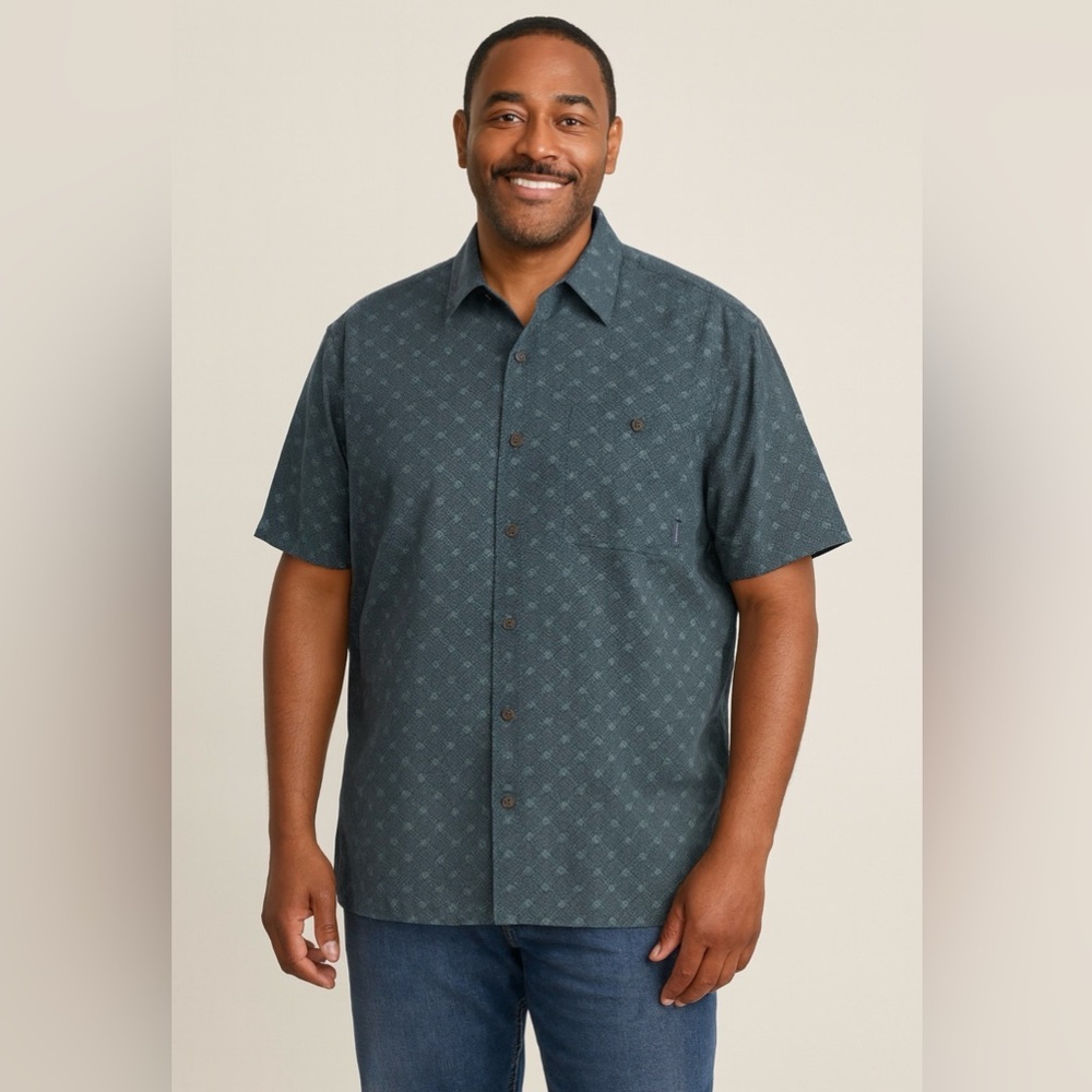 Patagonia Hemp Button-Down Shirt in Dark Teal Navy Pattern
